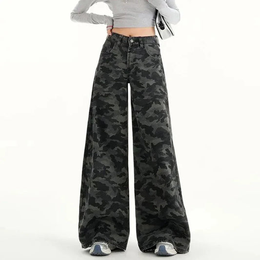 Women Retro Casual Straight Leg Jeans Female High Waist Camouflage Cargo Pants Girls High Street Fashion Denim Trousers