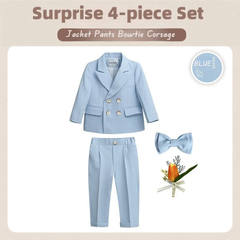 Smooth Tailored Weave Toddler Suit Set Jacket Pants Tie Kids Elegant Stage Tuxedo Young Musician Waist Adjustable 3-14 Yrs Suits