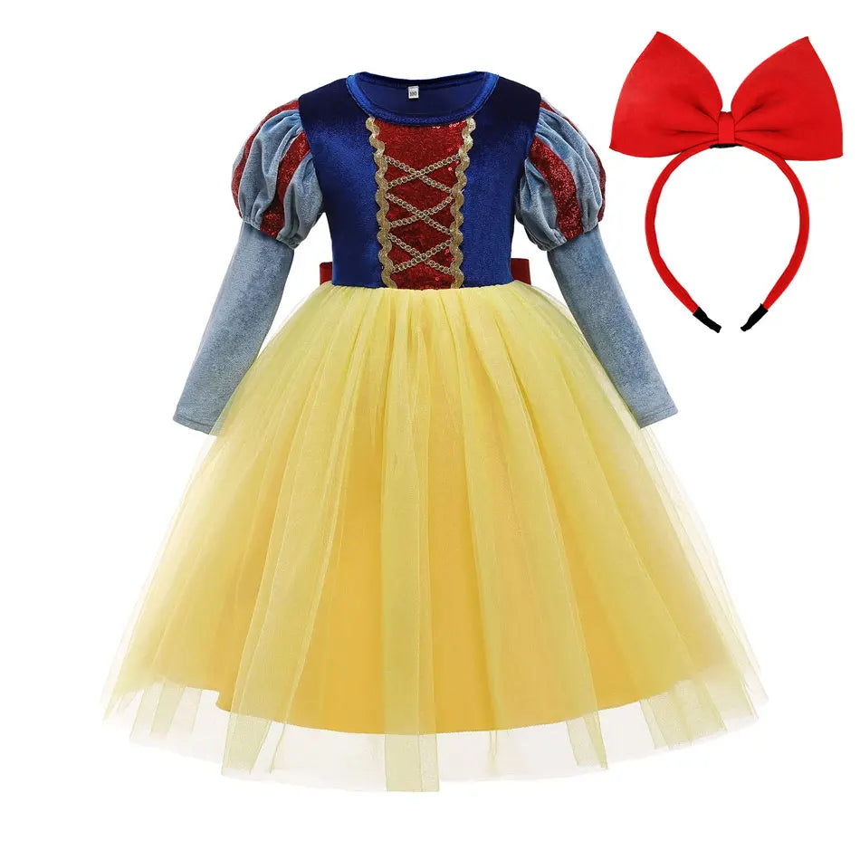 Fantasia Infantil Branca de Neve Vestido de Princesa Baile Meninas Aniversário Festa Corpinho de Veludo Saia de Tule Malha Roupa Cosplay Infantil 2-10 Anos