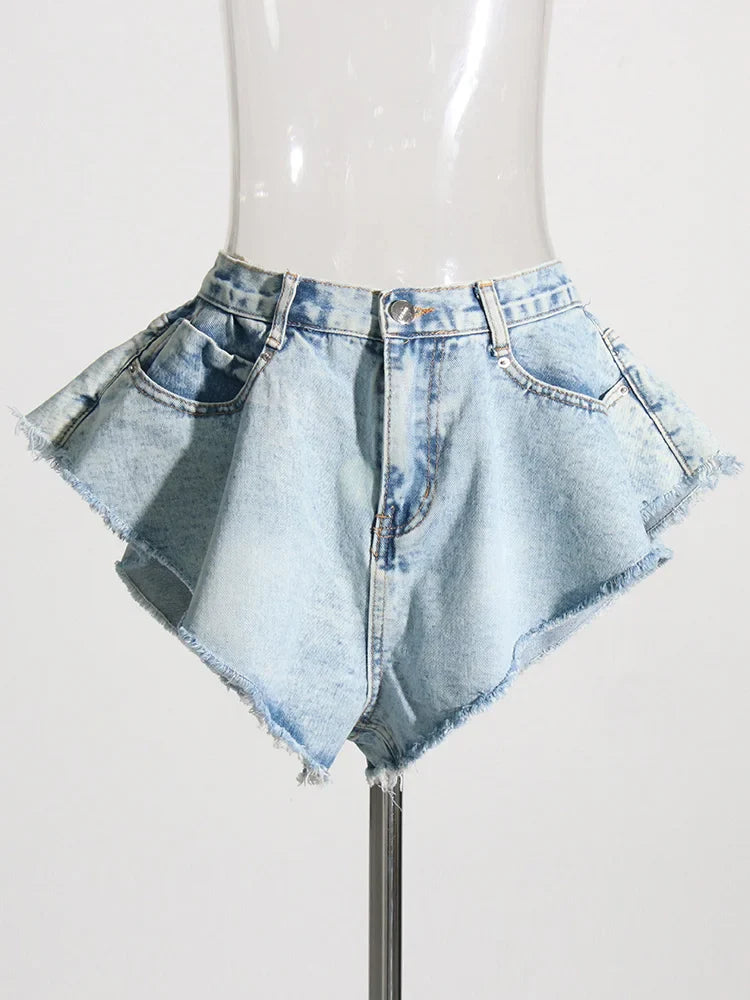 Patchwork Pockets Solid Casual Denim Shorts For Women