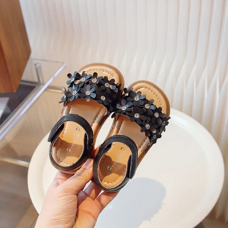 Little Girls Floral Bohemian Sandals with Beads Princess Sweet Kids Summer Shoes Open Toes Anti-skid Size 22-31Hook & Loop Cute