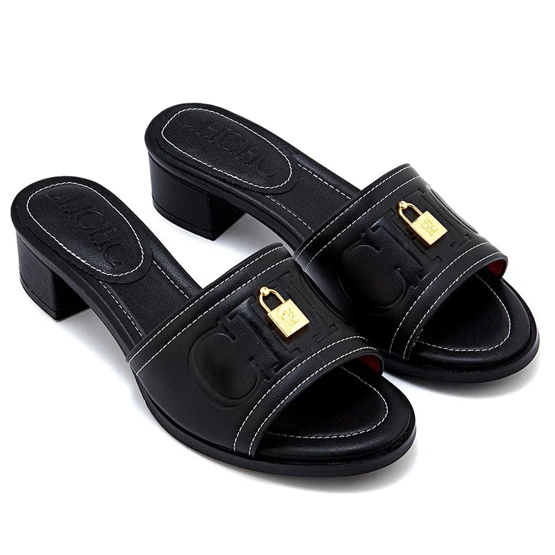 Fashion Monogram Print Elegant Design Women's Low Heeled Slippers Solid Color High Quality Metal Lock Simple Single Shoes