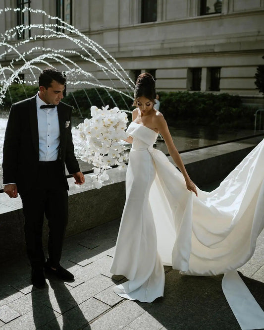 Elegant Strapless Satin Mermaid Wedding Dresses With Detachable Train Bridal Gown Backless Vestido De Noiva For Women