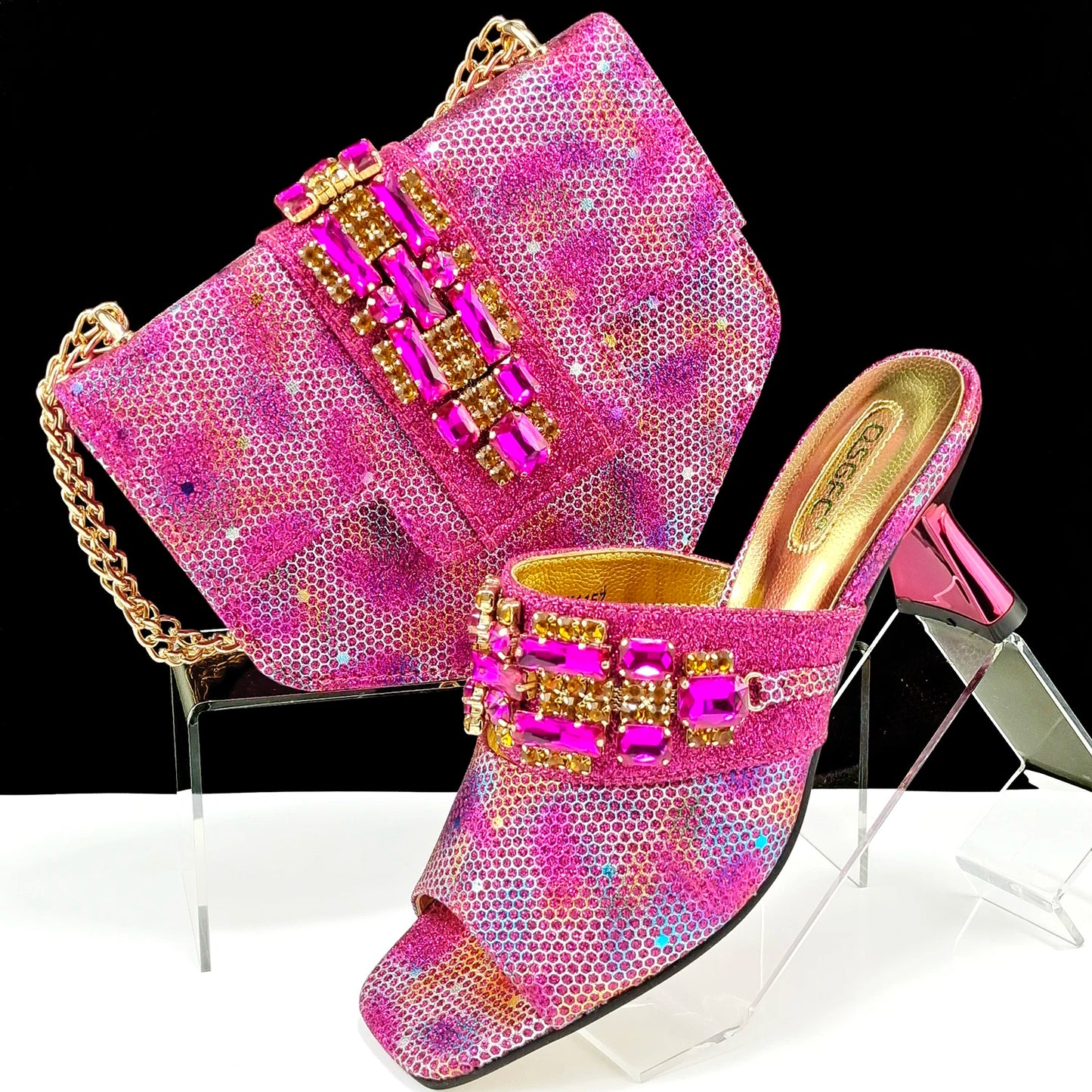 Mature Style Colorful Rhinestone Metal Design Strange High Heel Style Peep Toe Shoes and Bag Set for Party Wedding
