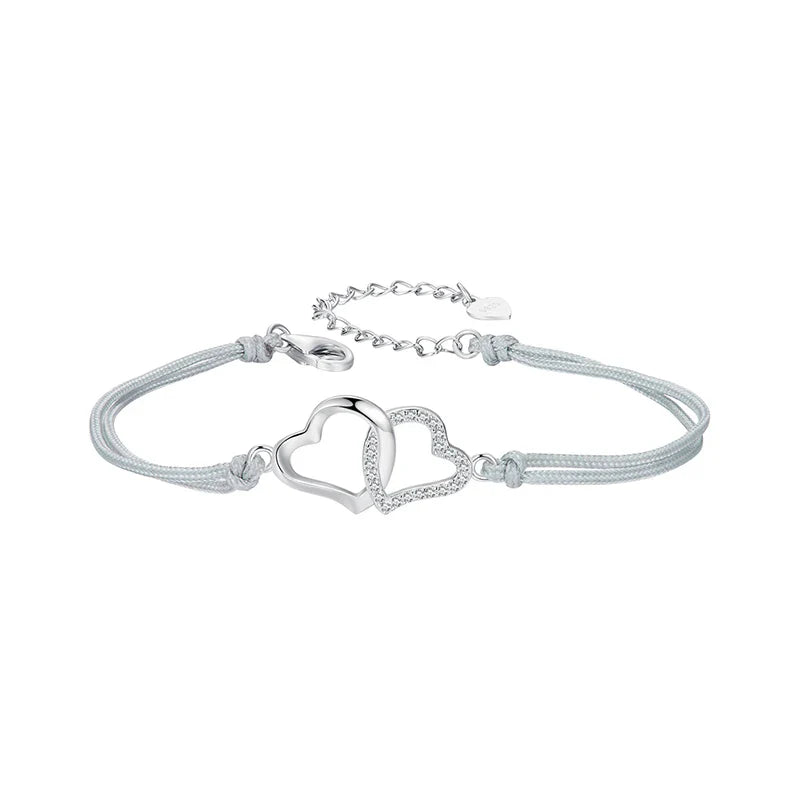 Personalized Heart to Heart Bracelet, 925 Sterling Silver Dainty Gray Rope Link Chain Bracelet for Women Teen Girls