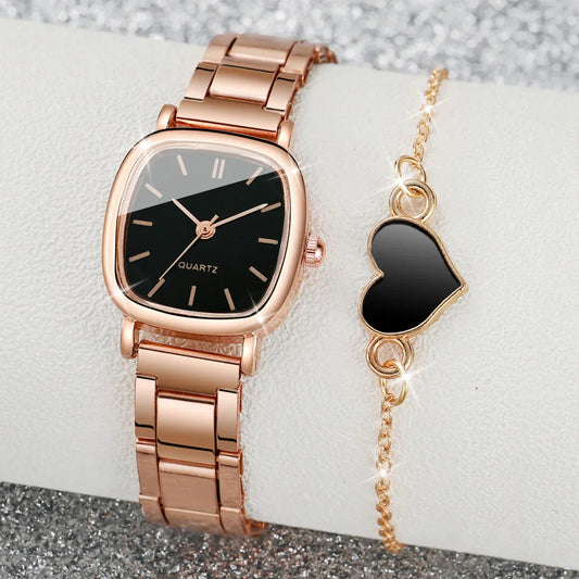 2PCS/Set Women's Watch Fashion Square Stainless Steel Band Quartz Watches Heart Bracelet Set