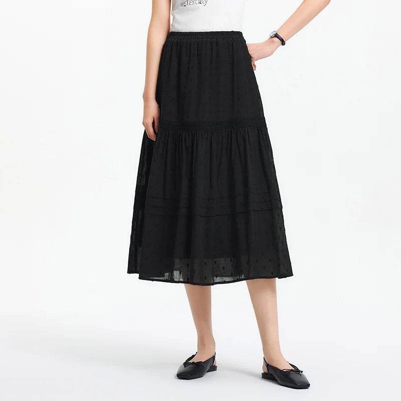 Skirt Women Elastic Waist A-Line Elegant 2025 New Summer Patchwork Lace Polka Dot Long Skirt Graceful for Daily Wear