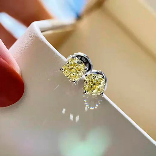 100% 925 Sterling Silver 1CT Four-claw Fat Square High Carbon Stone Citrine Gemstone Earrings Stud Fine Jewelry Wholesale