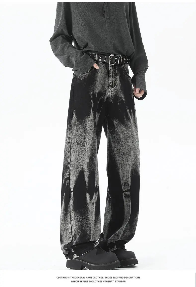 Calça Jeans Masculina Baggy Outono Perna Larga Estilo High Street Sarja Tinturada Casual Reta Vento Neutro Folgada Versátil da Moda
