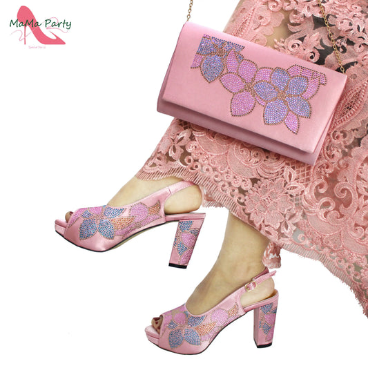 2024 Italian Design Shoes and Bag Set in Pink Color High Quality New Arrivals with Shinning Crystal for Wedding Party
