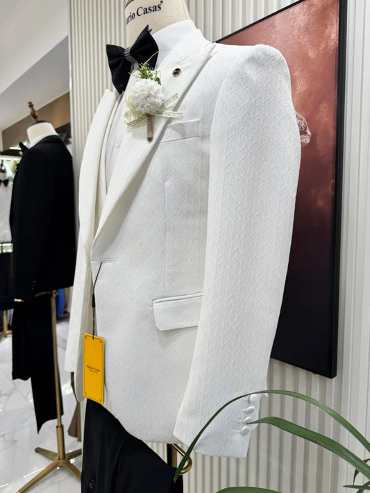 New Popular White Man Suits 3 Pieces For Formal Occasion Peak Lapel Men's Tuxedo Wedding Party Wear Jacquard Suit Set For Men