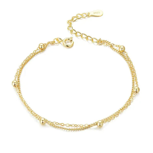 925 Silver Chain Bracelet Double Layers Round Beads Link Chain Bracelets Women 7.48'' Adjustable 14K Gold Plated Jewelry