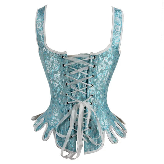 Women Vintage Corset with Shoulder Straps Black Blue Jacquard Overbust Bustier Vest Medieval Steampunk Corset Top