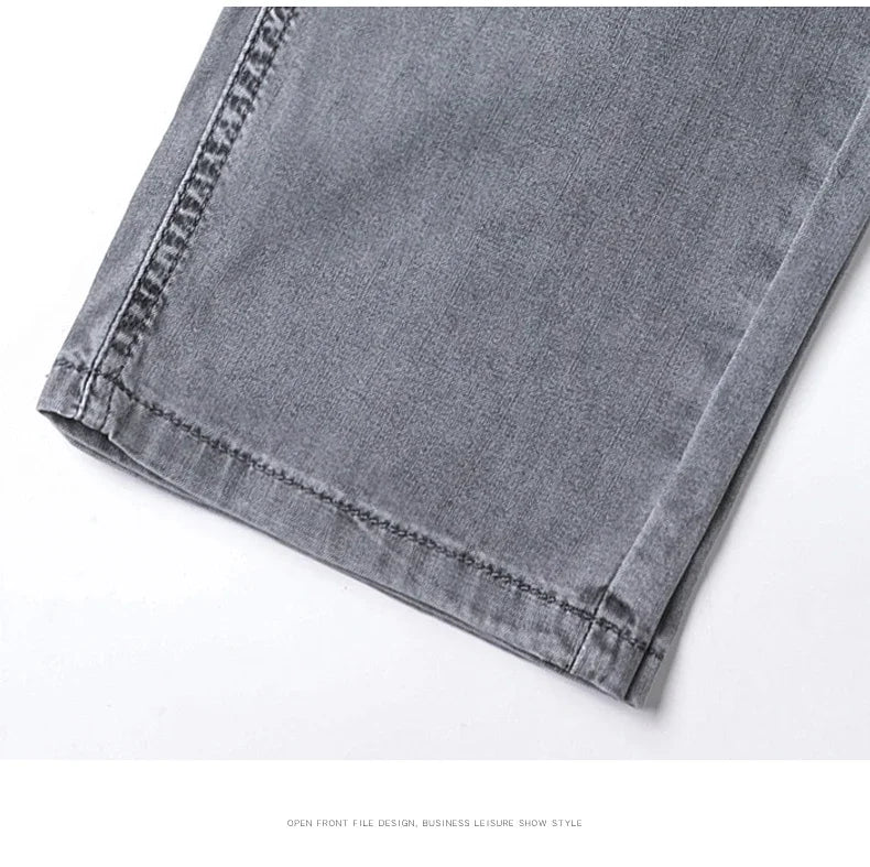 Calça Jeans Masculina Fina de Verão, Reta e Solta, Liocel, Macia, Drapeada, Casual de Negócios, Clássica, Cinza Fumaça, Marca de Calças de Seda Gelo