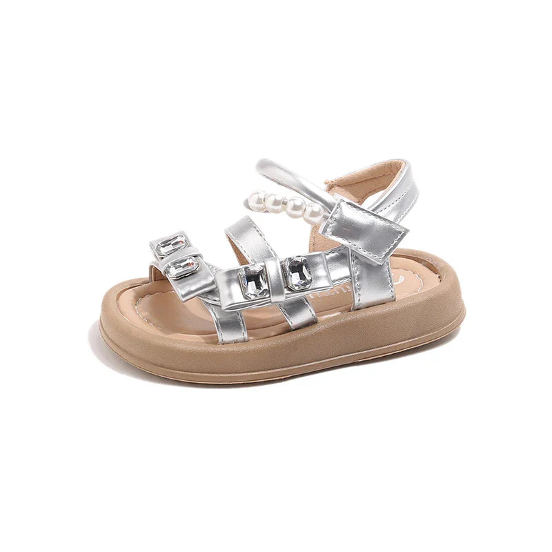 Girls' rhinestone sandals 2025 Summer New children's perforated breathable princess shoes Girls' soft-soled beach shoes
