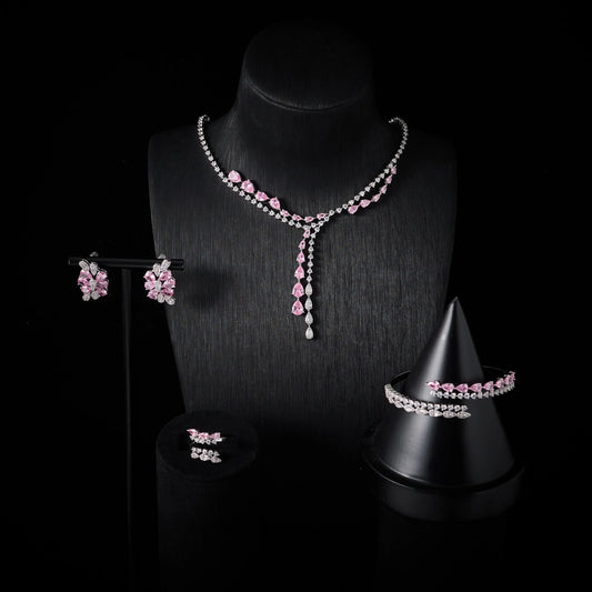 00086 Necklace Sets for Women Heart Water Drop Cubic Zirconia Layer Jewellery Set Dubai Saudi Party Engagement Accessory