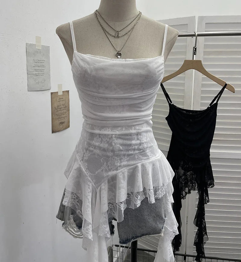 Summer Y2K Camisole for Women Casual Spaghetti Straps Double Layers Lace Stretch Mesh Patchwork Asymmetrical Slim Tops