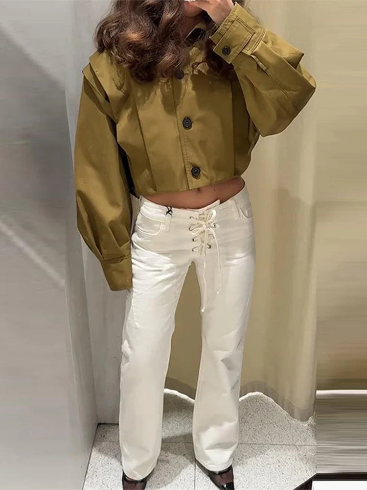 Women Loose White Lace Up Pockets Low Waist Straight Long Pants