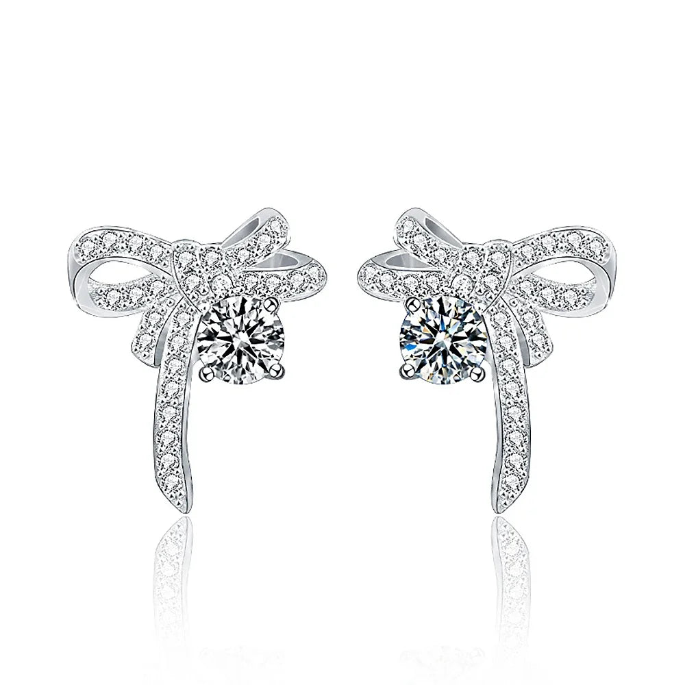 Ribbon Bowknot Tie Moissanite Stud Earrings 925 Sterling Silver 1CT Square Lab Diamond Fine Jewelry For Women Girl Birthday Gift