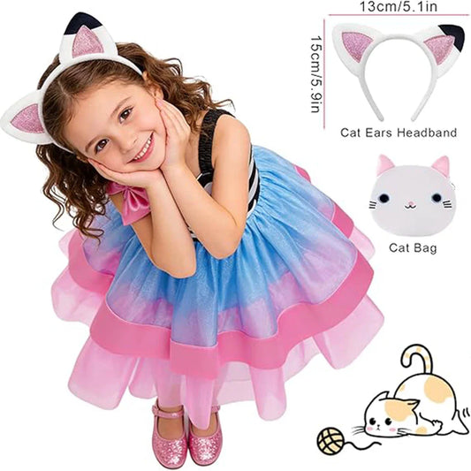 2026 Summer New Kids Girls Puffy Princess Dress Cat Striped Tutu Dress Children Birthday Party Gabby Dollhouse Cosplay Costume