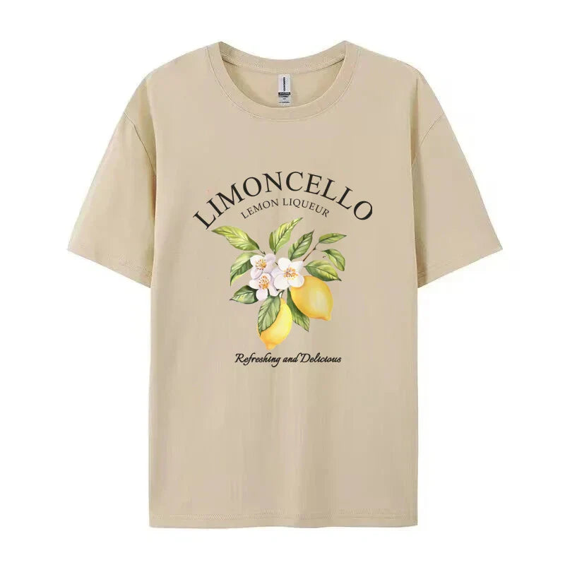 Graphic Print T-Shirt Lemon & Floral Pattern Short Sleeve Round Neck Casual Women's Top Perfect for Spring & Summer