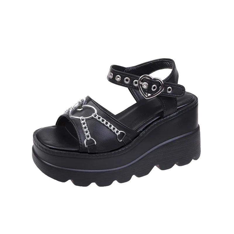 35-42 Plus Size Fashion Slope Heel Women Metal Chain Decoration Sandals Female Platform Buckle Shoes Women's Sandals Tide Shoes