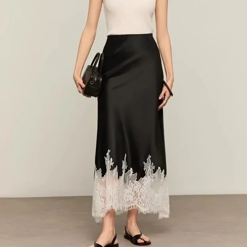 Fairy Elegant Lace Trim Satin Skirt Women High Waist Wrapped Hip Slim Midi Lace Hem Skirt Office Summer Daily Chic Lady Clothes