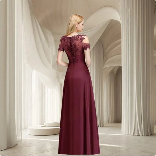New Burgundy Evening Dresses Illusion Lace Appliques O-Neck Short Sleeve Prom Dress Sheer Back A-Line Long Formal Party Gowns