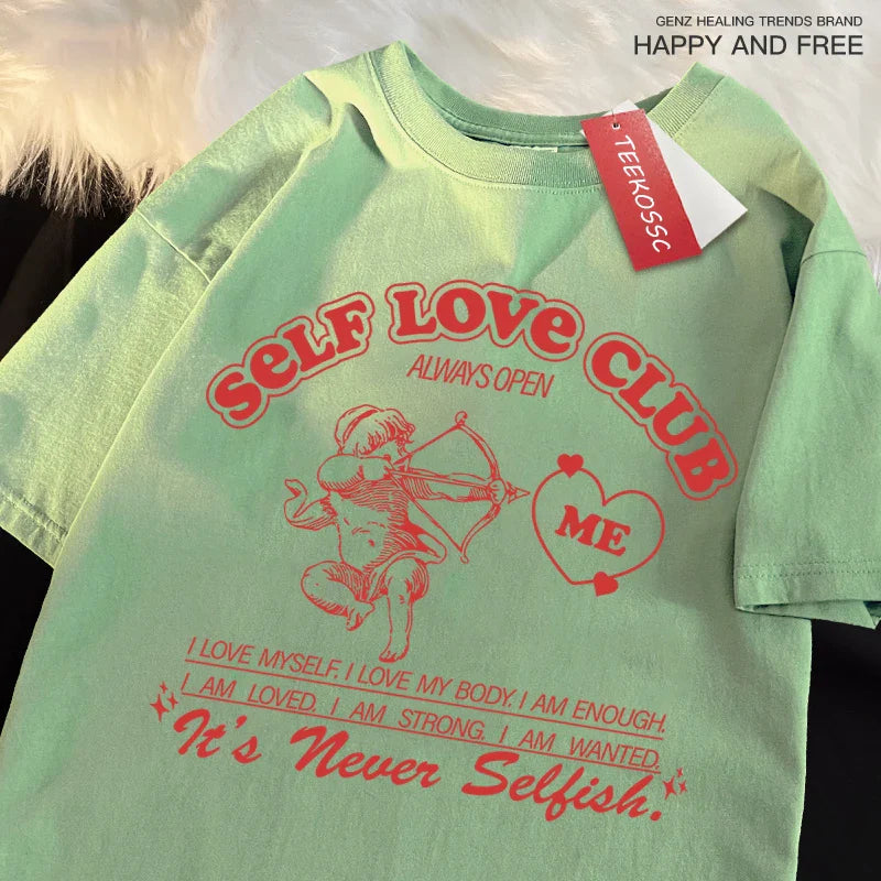 Self Love Club Fun Cupido Masculino Feminino Camisetas Respirável Street Tee Roupas Algodão Verão Moda Solta Casual Camiseta Oversized