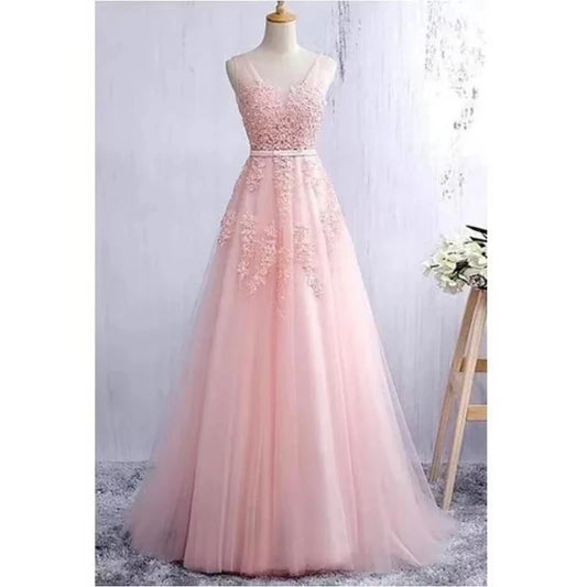Gorgeous Pearl Pink Evening Dresses Illusion Strap Lace Appliques Square Neck V-Backless Gowns Slim A-Line Maxi Party Prom Dress