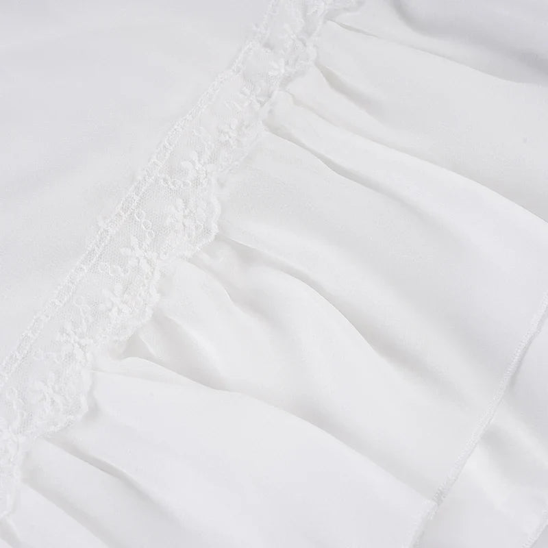 Sweet Lace Patchwork Bandage Ruffles Trim A-Tops Women's Solid Sheer Button Front Squre Neck Camisole All Match Vest