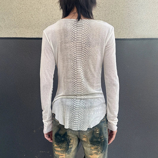 Y2k Snakeskin Print T-shirt Grunge Aesthetics Long Sleeve Knitted Tops Vintage 2000s Streetwear American Retro