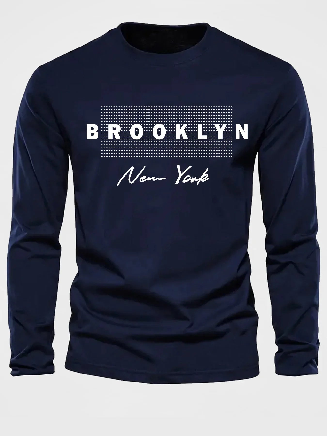 Brooklyn New York Printed Men's 100% Cotton Loose and Comfortable Sports and Leisure Round Neck Long Sleeve T-shirt Top