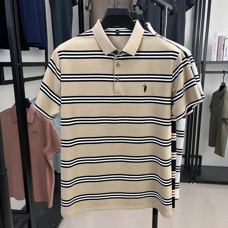 Men's Short Sleeve Embroidered Striped Polo Shirt Summer High End Brand Fashion Business Breathable Lapel T-shirt Men's Clothing