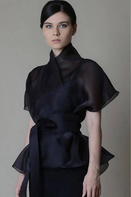 Organza Mesh Blouse for Women Stand Collar Lace-up See Through V-Neck VCasual Elegant Office Lady Half Sleeve Blouse Top