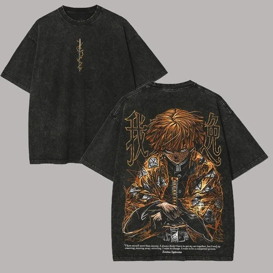 Summer Men's Washes T-shirts Japanese Anime Demon Slayer Agatsuma Zenitsu Graphic Clothing Harajuku Y2K Oversized Cotton Tops