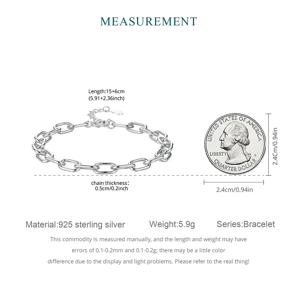 Genuine 925 Sterling Silver Adjustable Link Bracelet Paperclip Shape Wrist Chain for Women Pendant Beads DIY Making 0.5cm