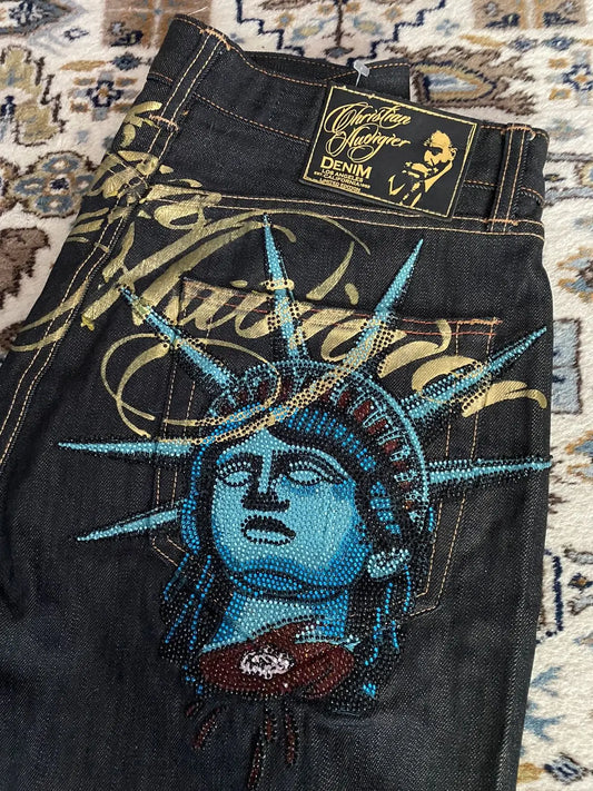 Calça jeans Harajuku Y2k Anos 2000 Feminina Vintage Estátua da Liberdade com Diamantes Calça Jeans Casual Cintura Alta Reta Perna Larga