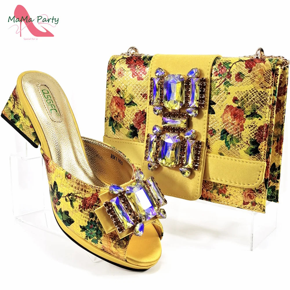 2025 Italian New Arrivals Shoes and Bag Set in Purple Color High Quality Special Design Slipper with Crystal for Wedding Dress