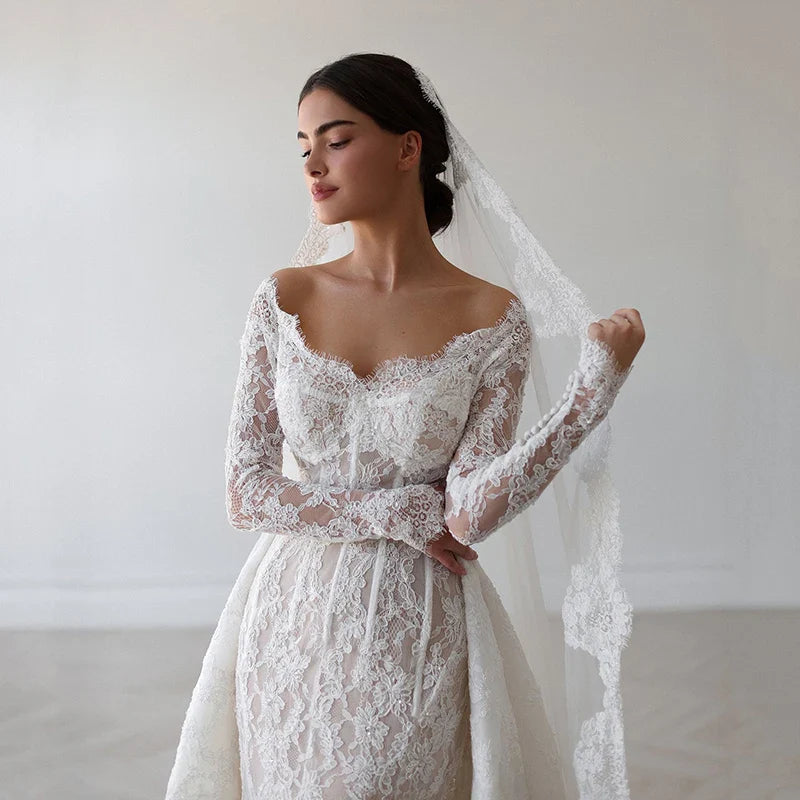 Elegant Mermaid Wedding Dresses Off The Shoulder Long Sleeve Lace Bridal Dress Formal Wedding Ball Prom Gown Customized