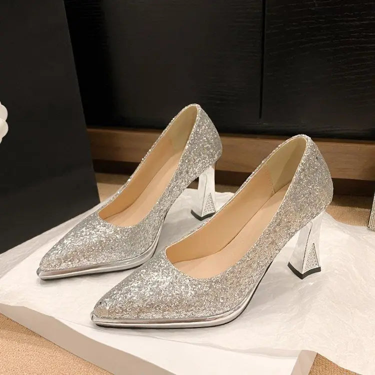 Sapatos Femininos de Paetê da Moda 2024 Novos Sapatos Femininos Bico Fino Boca Rasa Conforto Salto Alto Feminino primavera outono