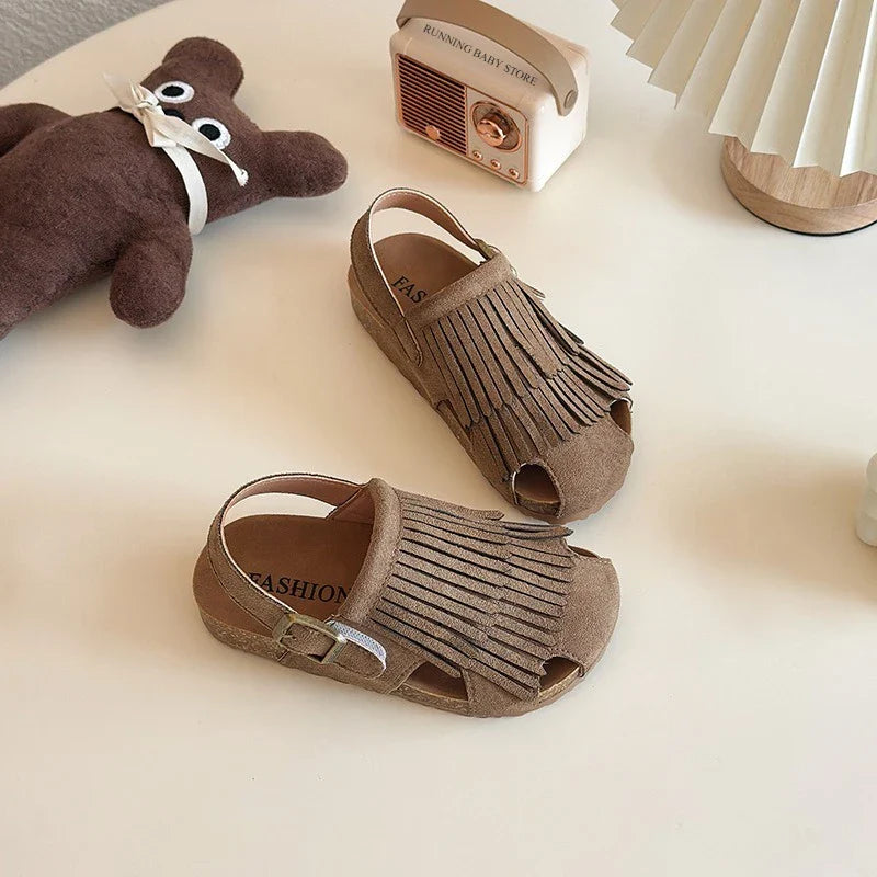 Summer Peep Toe Tassel Children Shoes Girls Sandals Soft Bottom Flat Heel Buckle Girl's Shoes Back Strape Slingbacks Shoe I05285
