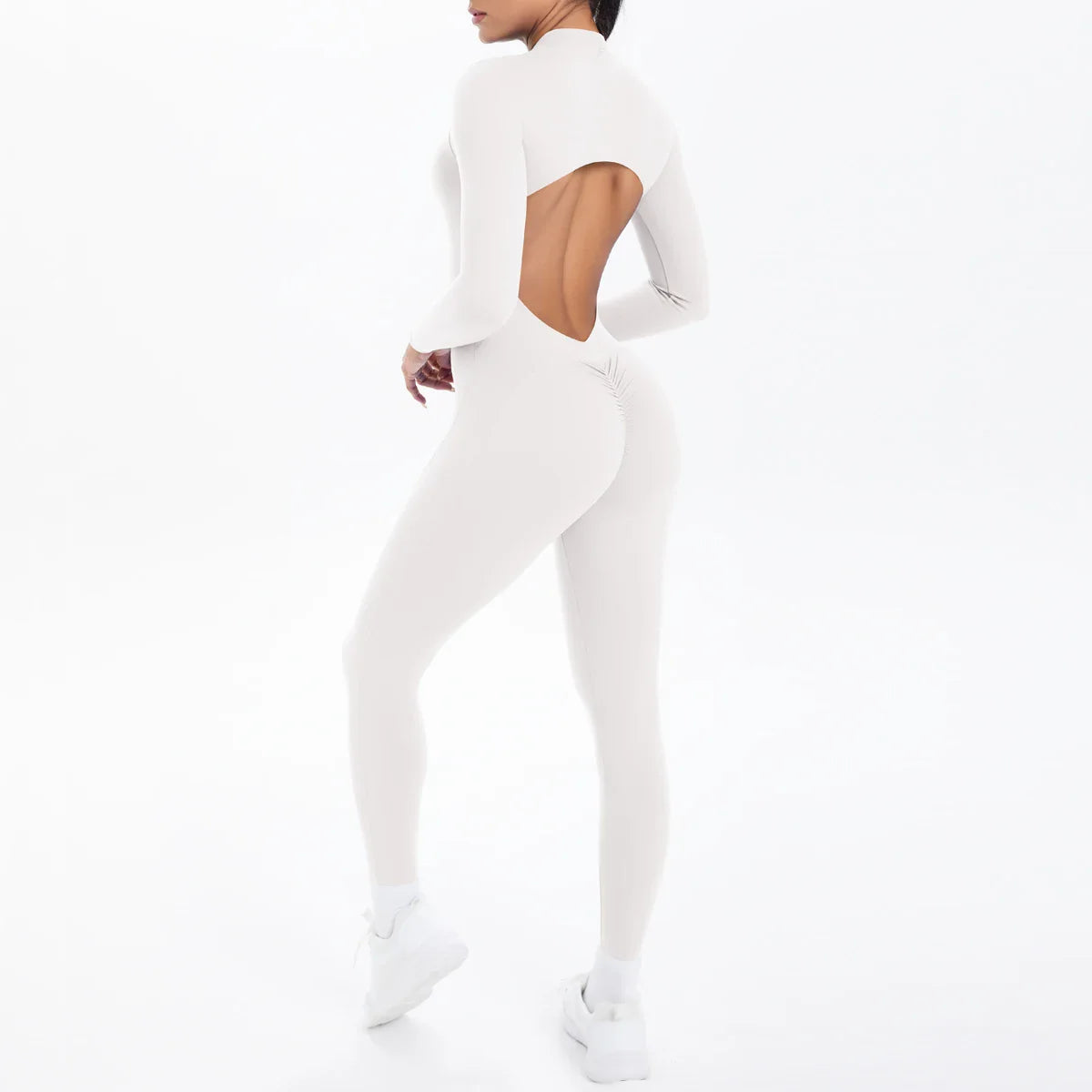 Solid Color Bodysuits for Woman's Backless Long Sleeved Zipper Yoga Jumpsuits High Dtrength Workout Sports Fitness Clothing Set
