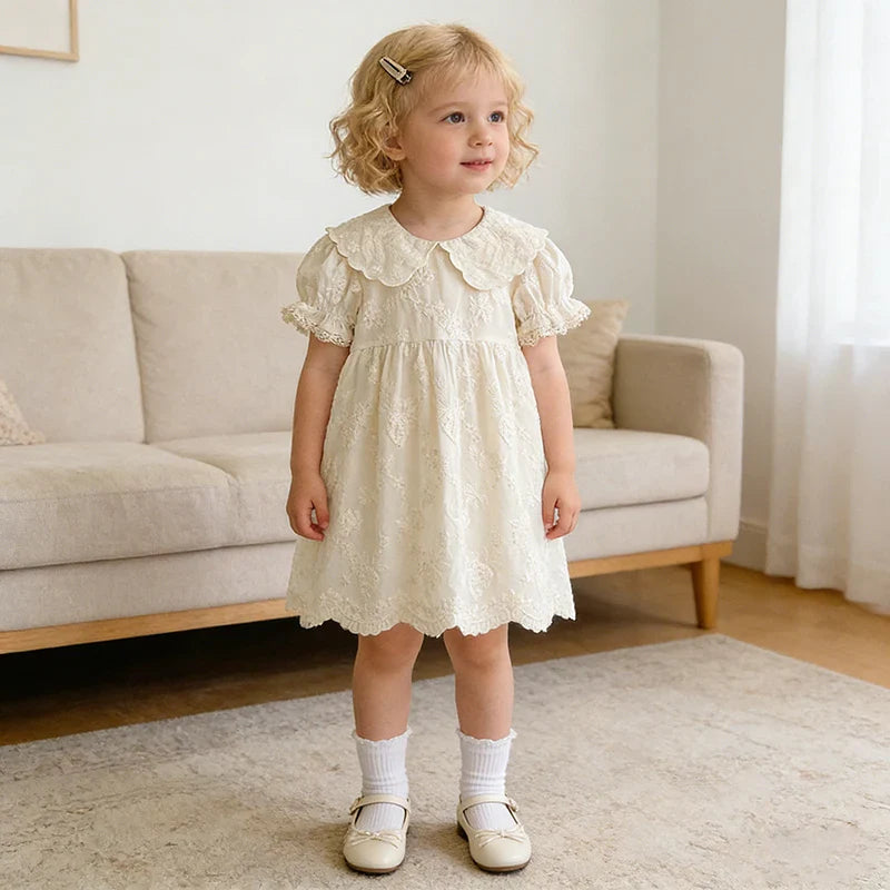 2026 Summer New Pure Cotton Embroidered Floral Short Sleeved Girl's Dress 2-6Yrs Versatile Adorable Korean Style Dress