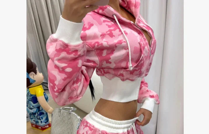 Pink Letter Graphic Zipper Sportswear Clothes Y2K FashionWomen's Casual Short Top Set Sweatshirt Loose Sport Pants