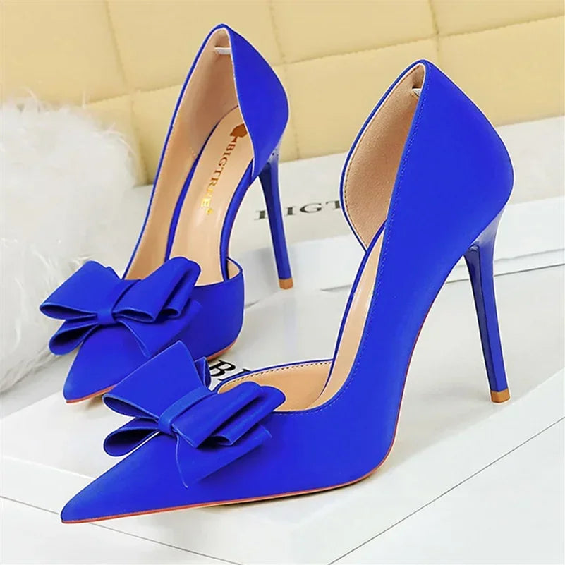 2024 Women 10.5cm High Heels Sweet Korean Side Hollow Pumps Lady Party Purple Green Kawaii Bowknot Heels Prom Silk Satin Shoes