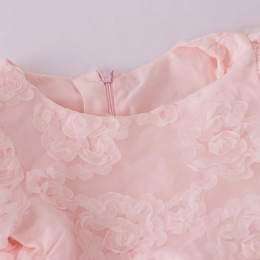 New Summer Teenager Girl Dress Solid Color Short Puff Sleeves Square Collar 3D Flower Sequined Baby Princess Dresses 2025