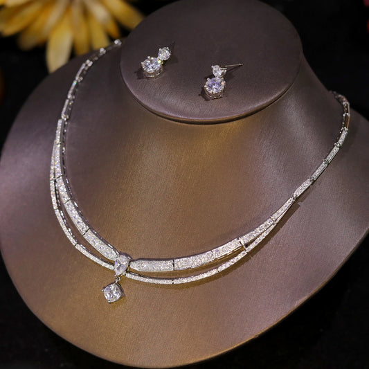 High Quality Cubic Zirconia Bridal Wedding Jewelry Water Drop Pedant Necklace 2PCS Set Lady Party Accessories X0654
