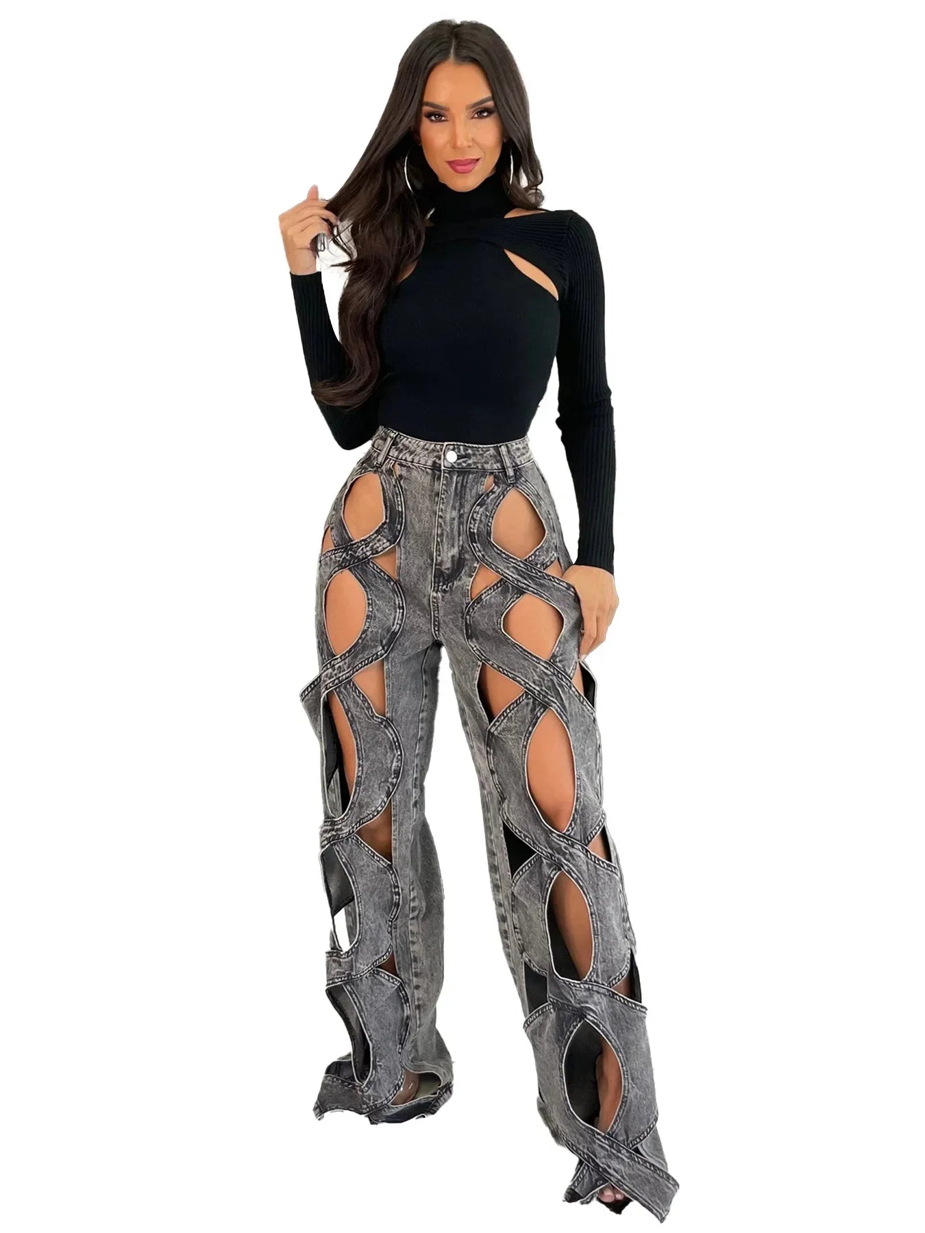 High Waist Elegant Streetwear Denim Casual Straight Trousers