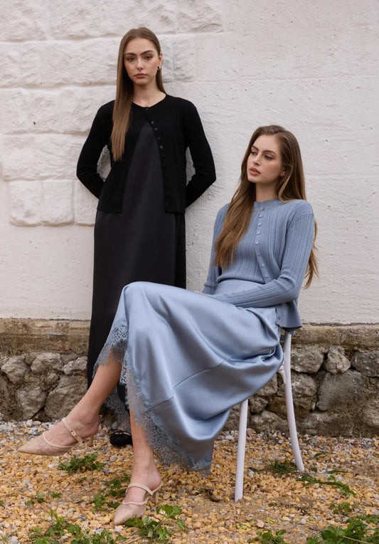 Lace slip satin dress + lace satin skirt +knitting vest + knitting cardigan collection woman dressy outfit